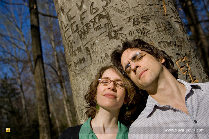Engaged Couple and Carved Tree