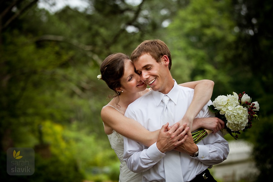 Bride hugging groom