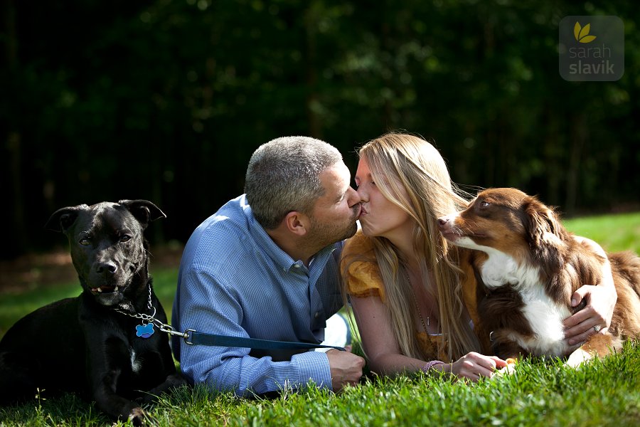 Engagement portrait with dogs